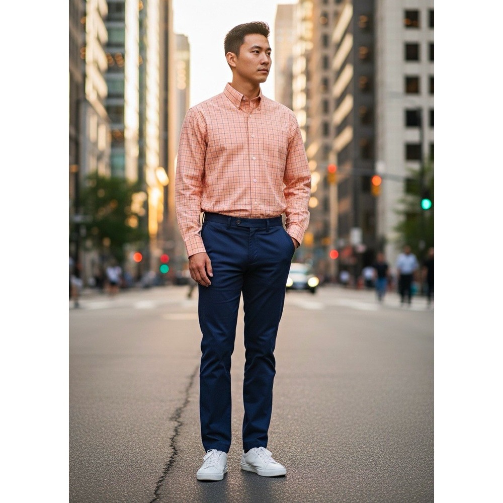 Kirkland Signature Mens Pink Check Cotton Non-Iron Dress Shirt preppy 18.5 34/35